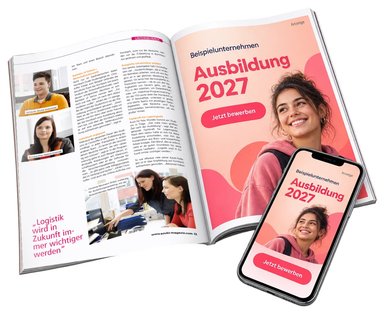 Fiktive Recruiting-Anzeige eines Beispielunternehmens, ganzseitig in einem aufgeschlagenen Schülermagazin und in einer App auf dem Smartphone.