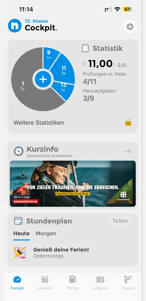 Notenapp: Kurzinfo im Cockpit
